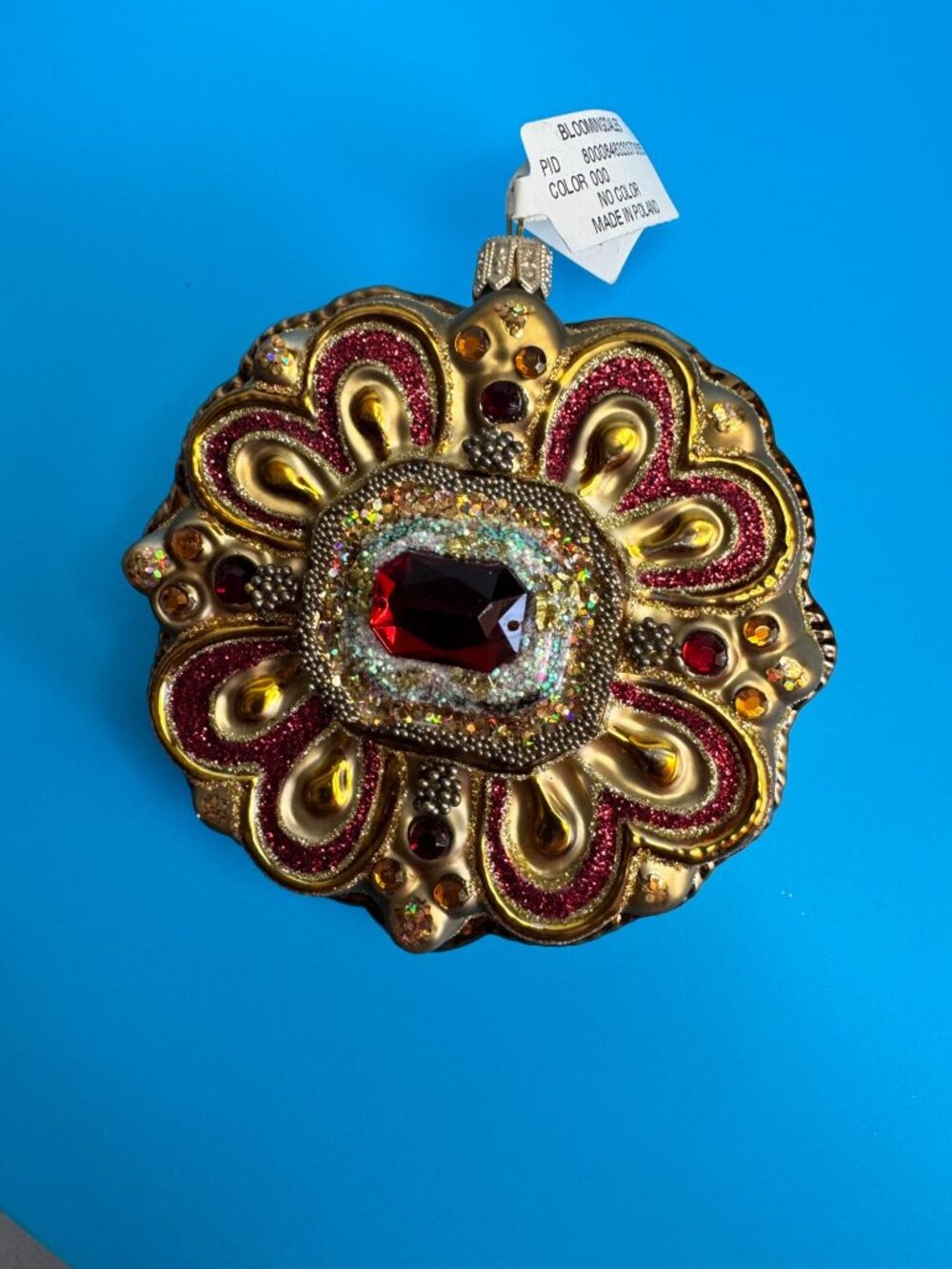 Vintage Polish Glass Jewel Ornament Bloomingdales Ruby Glitter Medallion 3.5” - Picture 7 of 7